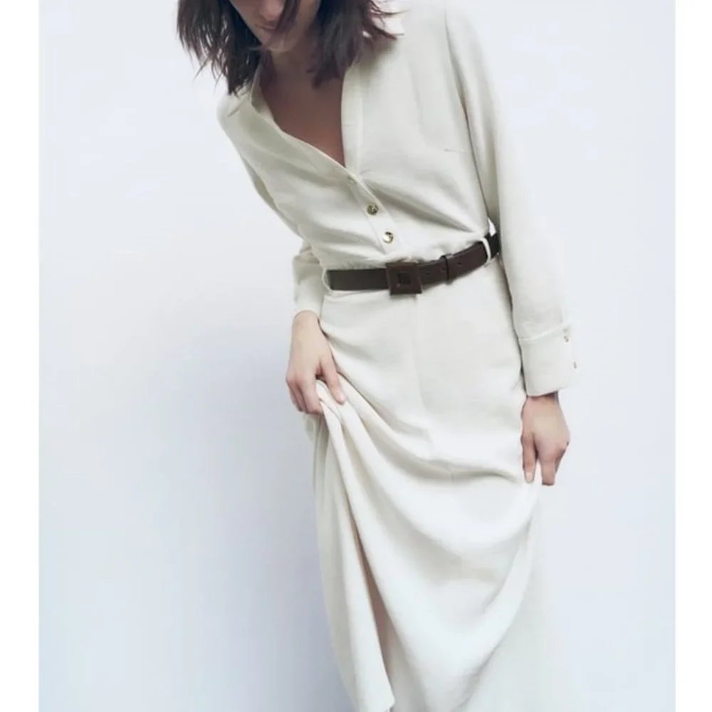 Zara Women's Ecru Belted Waist Midi Dress Size XS - Picture 13 of 13
